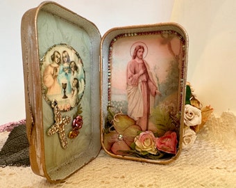 First Communion, Rosary Box, Communion Gift, Pocket Shrine, Altered Altoid Tin, Assemblage Art, Retablo, Nicho, Rosary Box, Travel Altar