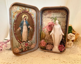 Virgin Mary Blessed Mother, Altered Altoid Tin, Assemblage Art, Retablo, Nicho, Rosary Box, Travel Alter, Prayer Tin