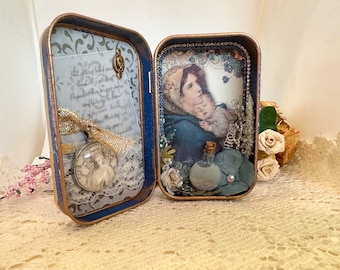 Virgin Mary Blessed Mother, Madonna of the Streets, Altered Altoid Tin, Assemblage Art, Retablo, Nicho, Rosary Box, Travel Alter, Prayer Tin