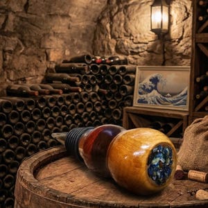 May include: Wooden wine bottle stoppers with a decorative design rest on a wooden barrel. The stoppers have a variety of colors, including brown, red, and gold. The background shows a wine cellar with bottles and a framed print.