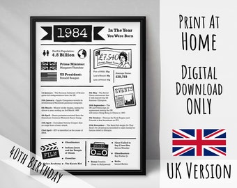 1984 | Year you were born | 40th birthday gift | UK version | digital download ONLY | print at home | Print any size