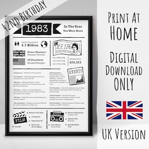 1983 | Year you were born | 42nd birthday gift | UK version | digital download ONLY | print at home | Print any size image 1
