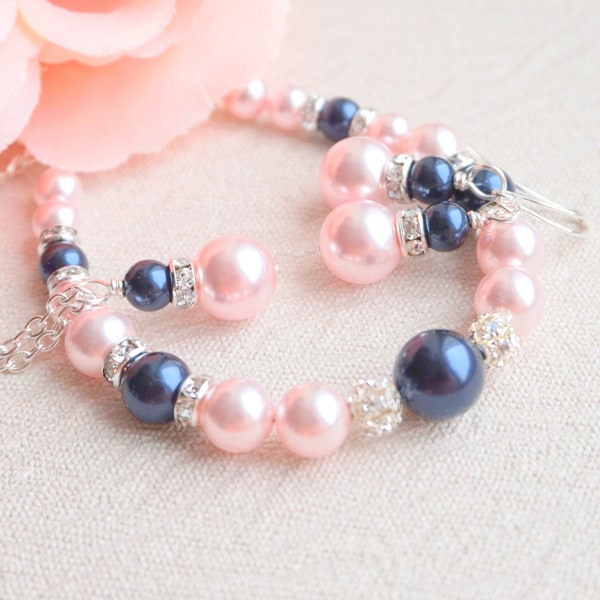 Bridesmaid Jewelry set Blush jewelry Navy Jewelry Pink Navy bridesmaid Necklace Earring Bracelet Wedding jewr Bridesmaid gift beaded jewelry