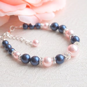 Minimalist Bracelet Navy Blush Bracelet With Silver Rhinestones Blush Pink Bracelet Dark blue Bracelet for Pink or Navy Wedding Party