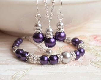 zilver grijs paars parel bruidsmeisje gift sieraden set armband ketting oorbel bruidsmeisje cadeau ideeën bruiloft sieraden cadeau bruidsmeisje sieraden