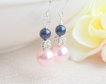 Blush and Navy Earrings, Blush Pink earrings, Navy blue earrings, Pink Lady earrings Bridesmaid jewelry Bridesmaid earrings, Bridesmaid Gift