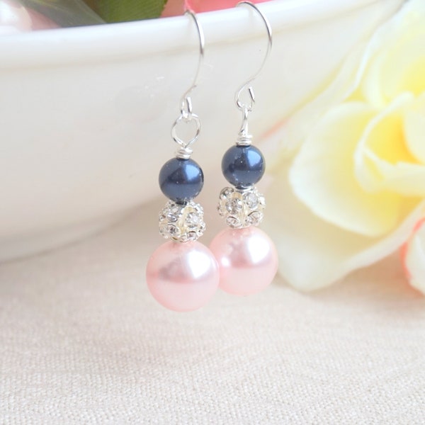 Blush and Navy Earrings, Blush Pink earrings, Navy blue earrings, Pink Lady earrings Bridesmaid jewelry Bridesmaid earrings, Bridesmaid Gift