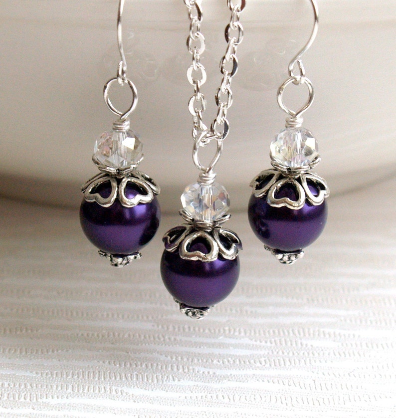 Dark Purple Jewelry Set Set Of Necklace Earrings Flower Girl Jewelry Dark Wedding Favors Purple Bridesmaid Gift Set