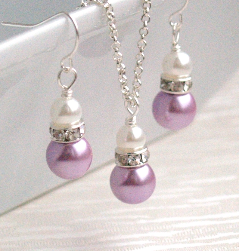 Lavender Pearl Necklace Purple Set of Necklace and Earrings Etsy