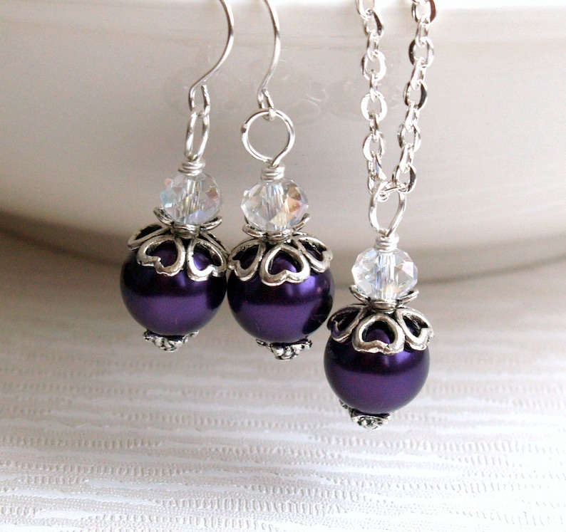 Dark Purple Jewelry Set Set Of Necklace Earrings Flower Girl Jewelry Dark Wedding Favors Purple Bridesmaid Gift Set