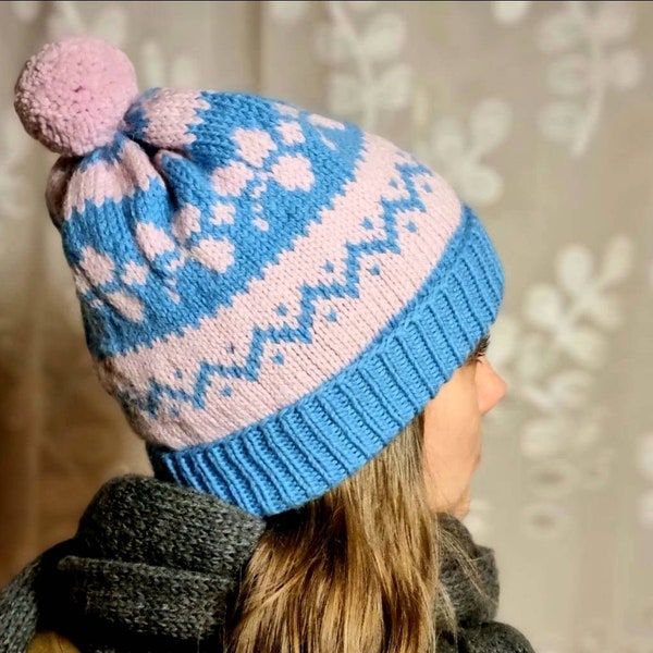 Woman's Hat, Hand Knitted Hat for Woman, Fair Isle Beanie Hat, Winter Hat, Pink a Blue hat, Pom Pom hat, Ladies Winter Hat, Blue Blush Hat