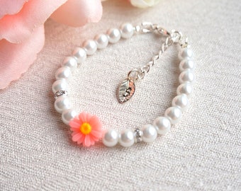 Flower Girl Gift Pearl Bracelet With Blush Flower & Leaf Flower Girl Bracelet Initial Bracelet White pearl girl bracelet Childrens jewellery