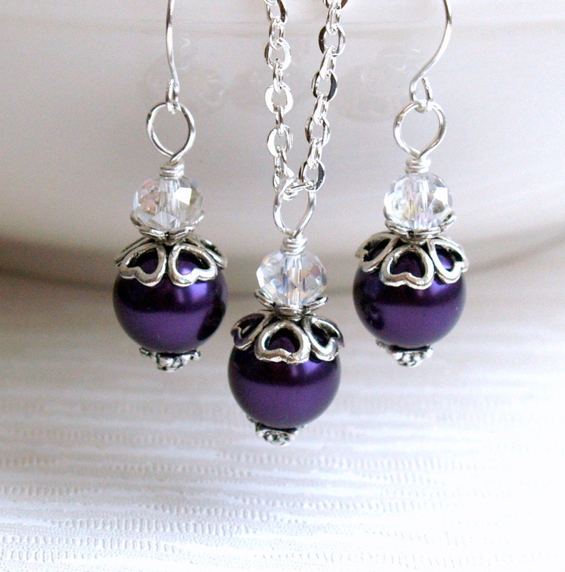 Dark Purple Jewelry Set Set Of Necklace Earrings Flower Girl Jewelry Dark Wedding Favors Purple Bridesmaid Gift Set