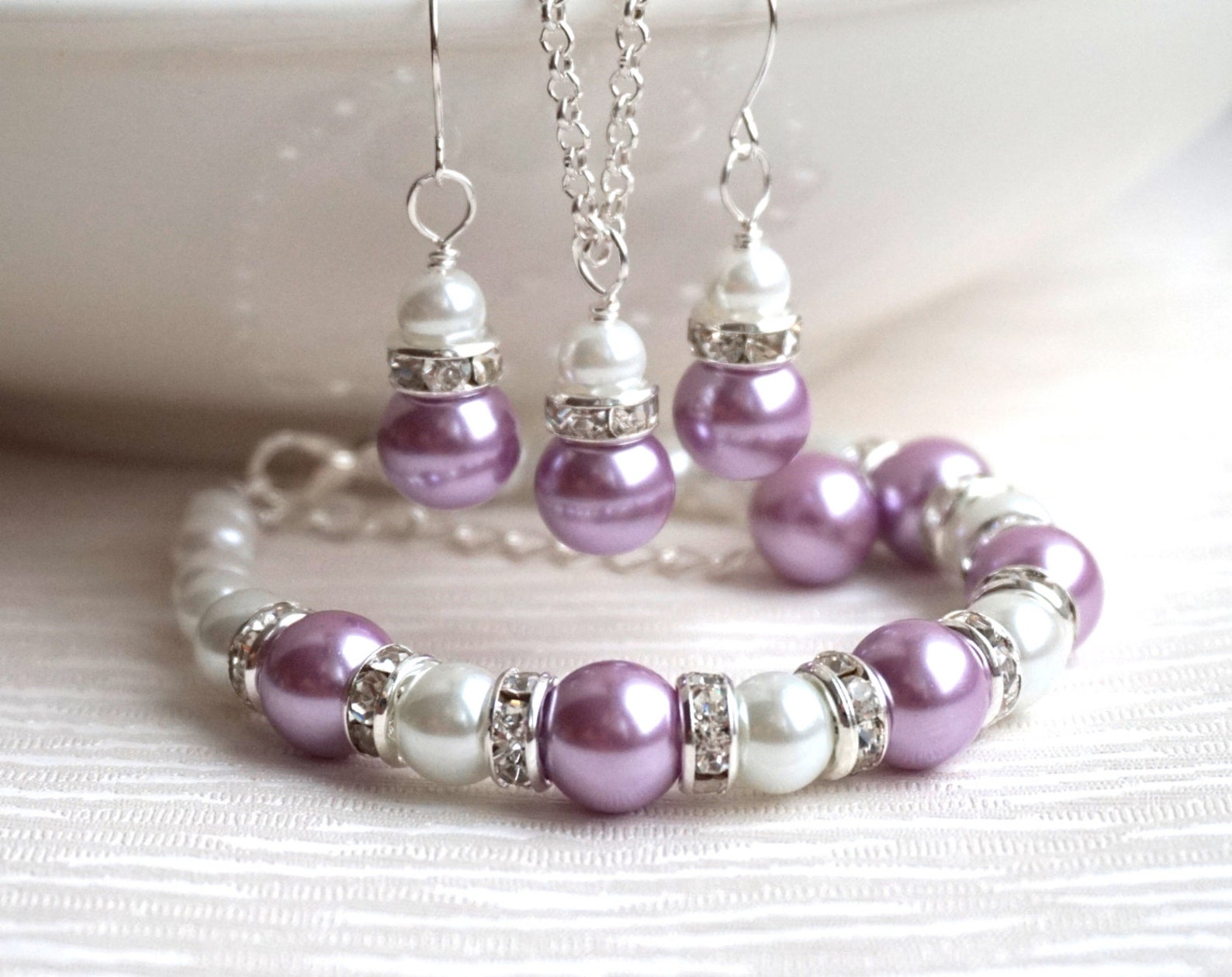 Lavender Pearl Necklace Purple Set of Necklace and Earrings Etsy
