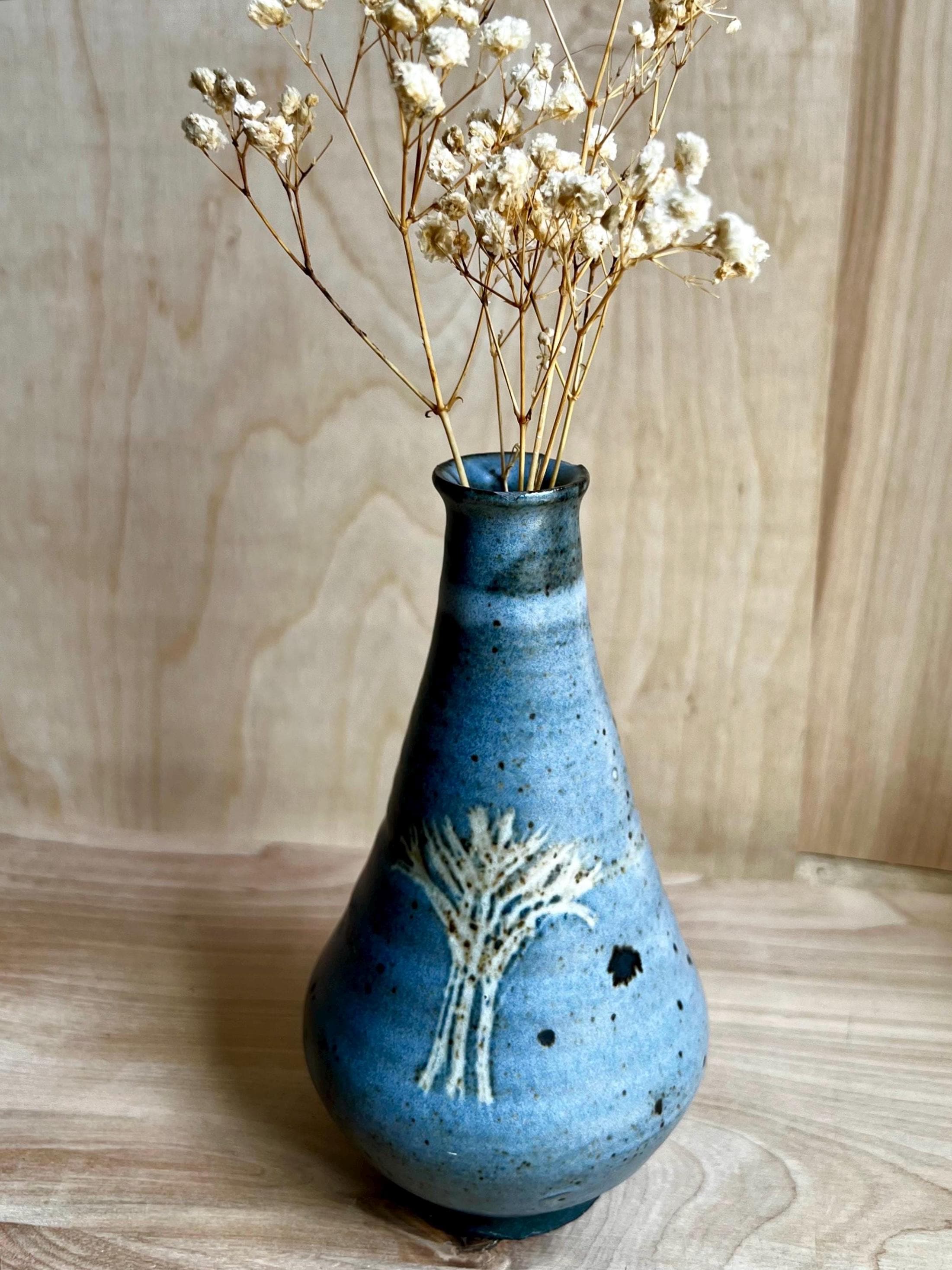 Vintage Mid-century Studio Pottery Weed Pot Vase Blue With Wheat