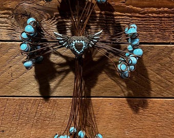 Rustic Hand Crafted Vintage Baling Wire Cross American Folk Art with Blue Beads