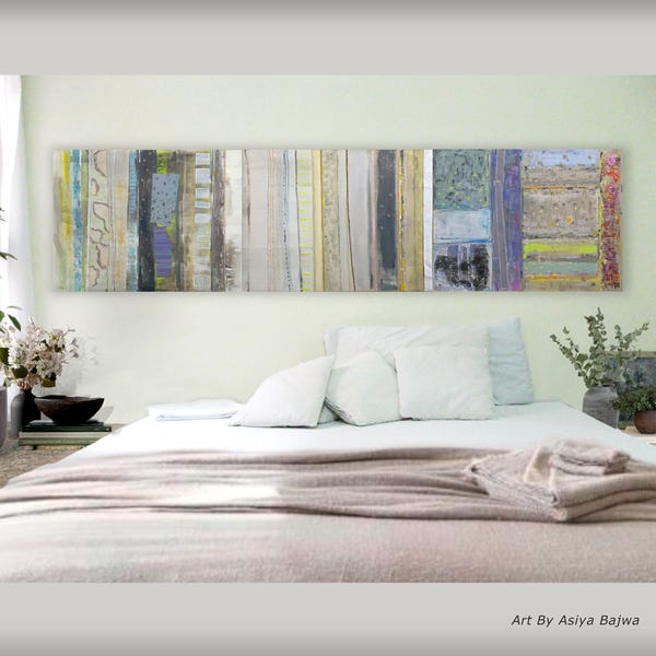 Large Original  Abstract Acrylic Canvas Painting: Set of 3, Modern Wall Art 96x24 Stripes colorful by Asiya Bajwa Striped Vertical Line Art
