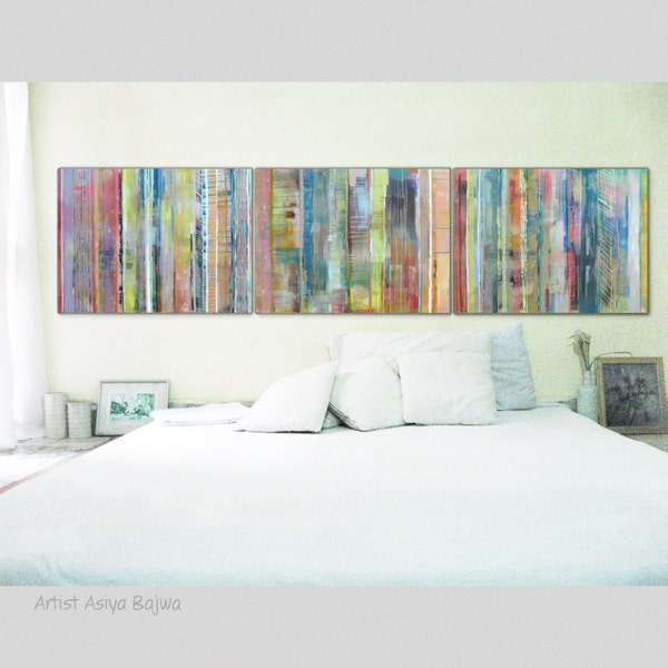 Original Abstract painting Acrylic painting Modern abstract art 32 x 24"each Total size 96"(243.84cm) x 24"(60.96cm) Lime pink peach stripes