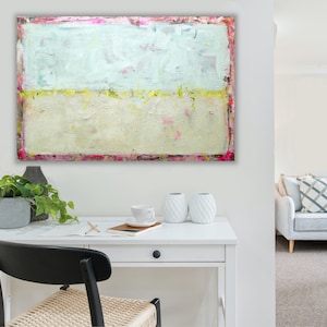 Pink painting Canvas wall art Acrylic Modern abstract Horizontal Art pink pale blue and yellow painting. Minimalist art for office and home