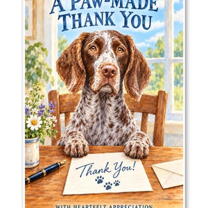 May include: A greeting card featuring a brown and white spotted dog sitting at a wooden desk. The text reads A PAW-MADE THANK YOU, Thank You! with paw prints, and WITH HEARTFELT APPRECIATION. A fountain pen and an envelope are on the desk.