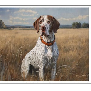 Pode incluir: Pintura detalhada de um cão, principalmente branco com marcas castanhas, sentado num campo de erva alta e dourada. O cão usa uma coleira castanha e tem orelhas castanhas. O fundo apresenta um céu azul com nuvens e árvores distantes.