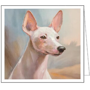 May include: A painted portrait of a white dog with large, erect ears and a black nose. The dog's fur is rendered in soft brushstrokes, with pink and brown tones. The background features muted colors, creating a gentle, artistic aesthetic.