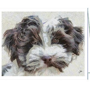 May include: Greeting card featuring a close-up, painterly style portrait of a dog. The dog has brown and white fur, with a pink nose and a soft, textured appearance. The artist's signature is in the lower right corner.