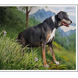 May include: A painting of a dog in a natural setting. The dog is black, brown, and white, with a white chest and a white collar. The background features green grass, wildflowers, trees, and mountains. The artwork is signed "LAC" in the lower right corner.