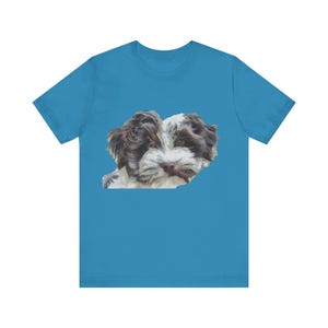 May include: A turquoise short-sleeve t-shirt featuring a graphic of a fluffy, brown and white dog's face. The dog has a sweet expression with a brown nose and a white face. The shirt is made of a soft material.