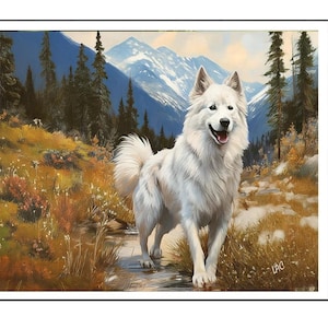 以下が含まれることがあります： 白い犬が小川に立っている絵画。犬は木と青い空のある山の風景の中にいます。作品は右下に「LAC」と署名されています。