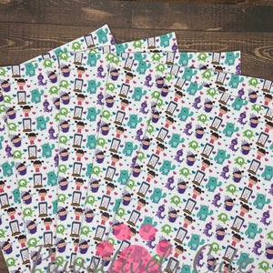 May include: A set of six white fabric sheets with a repeating pattern of cartoon characters from the movie Monsters Inc. The characters include Sully, Mike, Boo, and the door. The pattern is in shades of green, purple, blue, and pink.