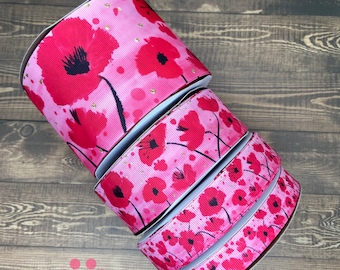 3 yards of Pink Poppies Ribbon ~ 5/8”, 7/8”, 1.5”or 3