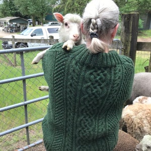 Könnte beinhalten: Eine Frau trägt einen dunkelgrünen Strickpullover mit Zopfmuster und hält ein weißes Lamm in ihren Armen. Das Lamm schaut in die Kamera. Die Frau steht vor einem Metallzaun.