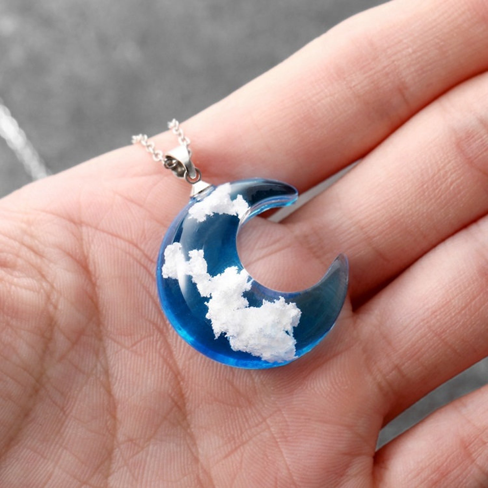 Blue Sky Cloud Necklace Resin Moon Shape Pendant Necklace Etsy