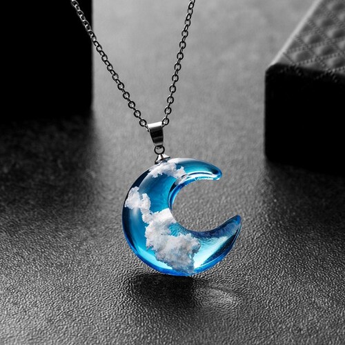 Blue Sky Cloud Necklace Resin Moon Shape Pendant Necklace Etsy