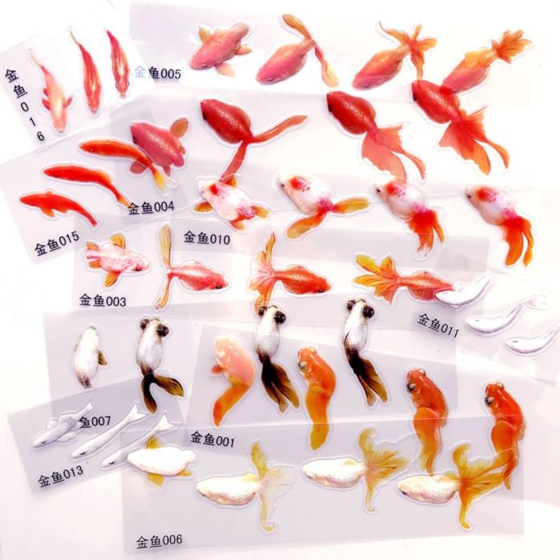 8 Sheets Gold Fish 3D Goldfish Clear Film Sticker for Resin Art | 3D Resin Koi Pond Painting | Resin Inclusion mix designs 