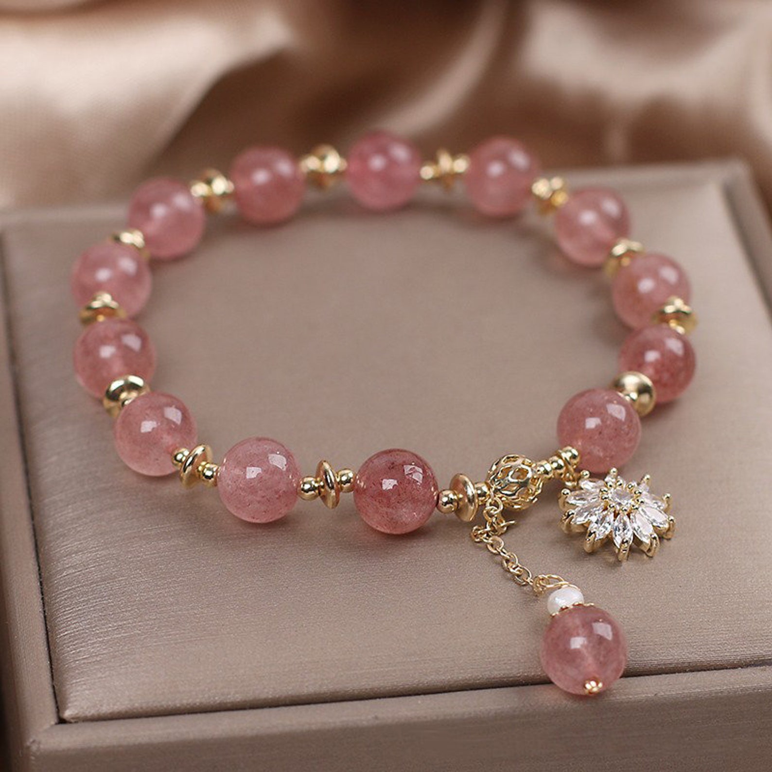 Strawberry Quartz Bracelet Sunflower Zircon Bracelet Crystal Etsy
