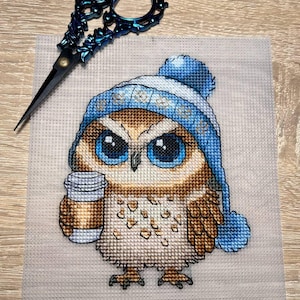 Winter Owl with Coffee Cross Stitch Pattern: Beginner Friendly Design (PDF + Saga Downloadable Chart)