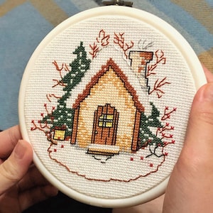 Snowy House Cross Stitch Pattern: Winter Cottage Embroidery (PDF Download)