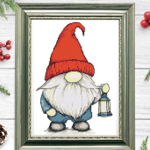 Gnome with Lantern Cross Stitch Pattern: DIY Embroidery (PDF Pattern)