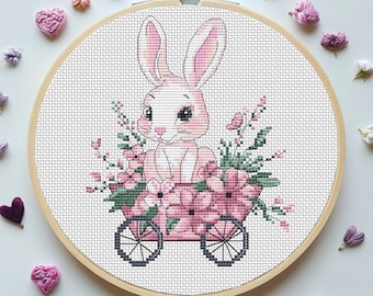 Bunny in Spring Cart Cross Stitch Pattern: Floral DIY Embroidery (PDF + XSD)