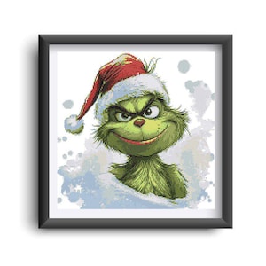Może przedstawiać: Zielony Grinch w czerwonym kapeluszu Świętego Mikołaja z białym wykończeniem. Grinch uśmiecha się przebiegle na zielonym tle.
