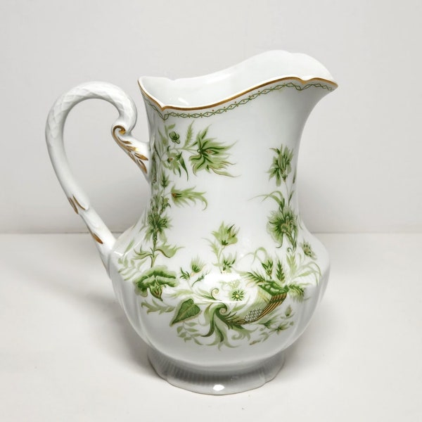 Haviland Limoges A La Corne Louis XV 40 oz Porcelain Pitcher Green Leaves, Urn and Gold Trim