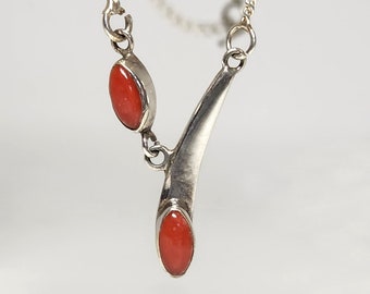 Estate Modernist Sterling Silver and Red Coral Lariat Y-Necklace Modern 18"