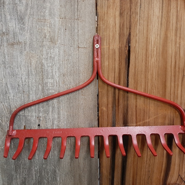 Upcycled Rake-Old Red Rake Wine Glass Holder-Jewelry hanger-Key Hanger-Dog Leash holder-Refurbished Old rake-Wall hook