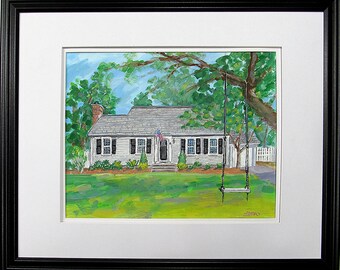 Custom Hand Painted Portrait, Framed watercolor house portrait from your photos, by portrait artist G. Roger Clifford