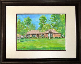 Custom Hand Painted Portrait, Framed watercolor house portrait from your photos, by portrait artist G. Roger Clifford