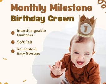 Adereço para foto de marco mensal do bebê e primeiro aniversário - Feltro com números intercambiáveis - Dobrável e reutilizável (marrom)