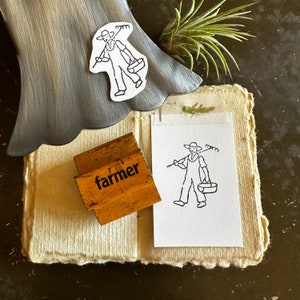 Vintage Farmer Holding Rake And Bucket Stamp, Sustainable Gifts For Farmers, Eco Friendly Wood & Rubber Stamps