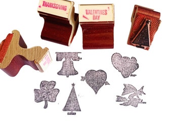 Vintage Holiday Stamp Set Of Six, Old Vintage Wood & Rubber Stamps, Teacher Grading Stamp Set Valentine's Day Gift